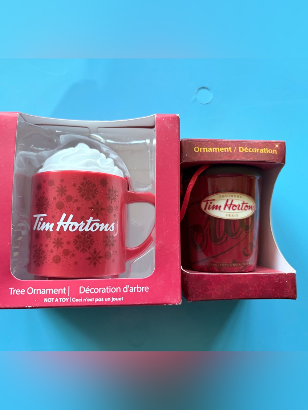 NWT Tim Hortons duo of ornaments hot chocolate and coffee cup
